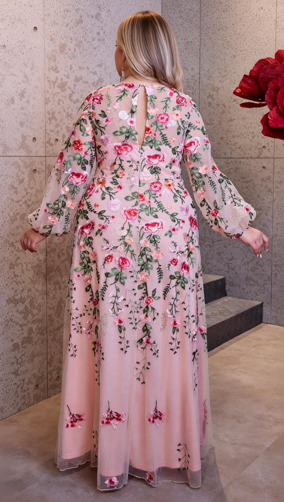 HELIA ENCHANTING FLORAL EMBROIDERED PLUS SIZE MAXI DRESS | ELEGANT LONG SLEEVE GOWN