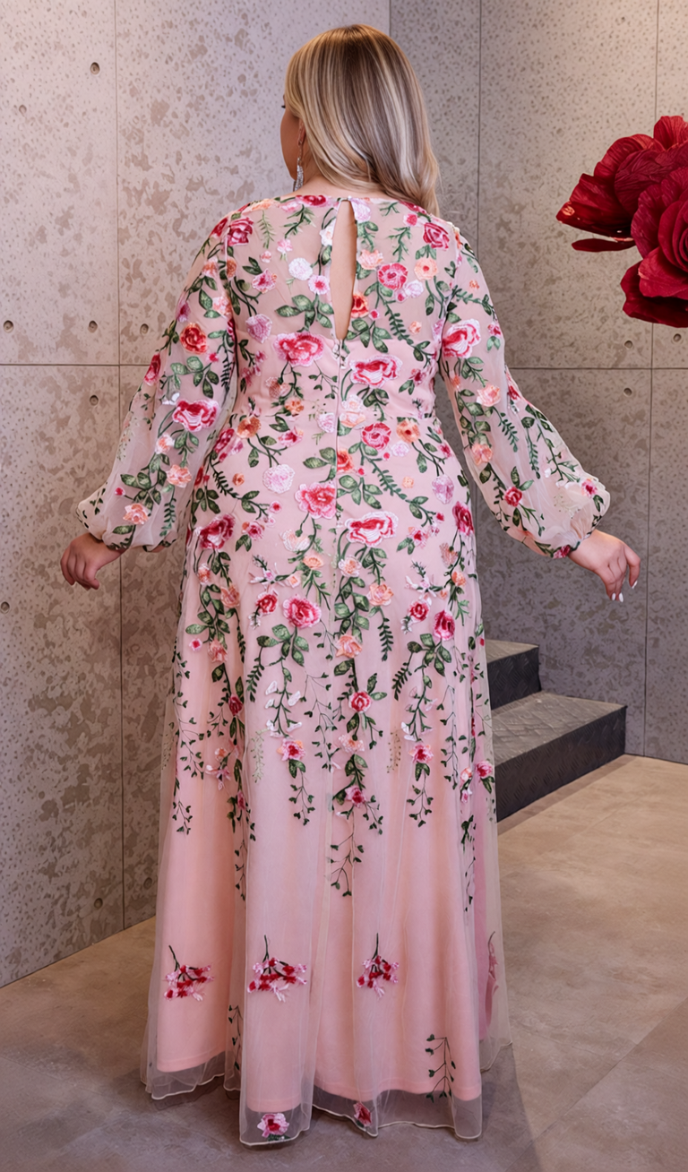 HELIA ENCHANTING FLORAL EMBROIDERED PLUS SIZE MAXI DRESS | ELEGANT LONG SLEEVE GOWN