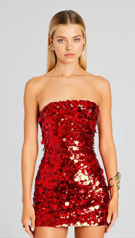 TRÄGERLOSES MINIKLEID MIT PAILLETTEN IN ROSA 