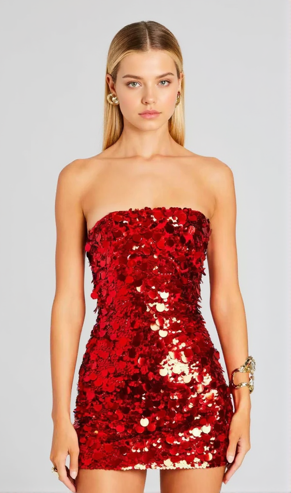 SEQUIN STRAPLESS MINI RED DRESS