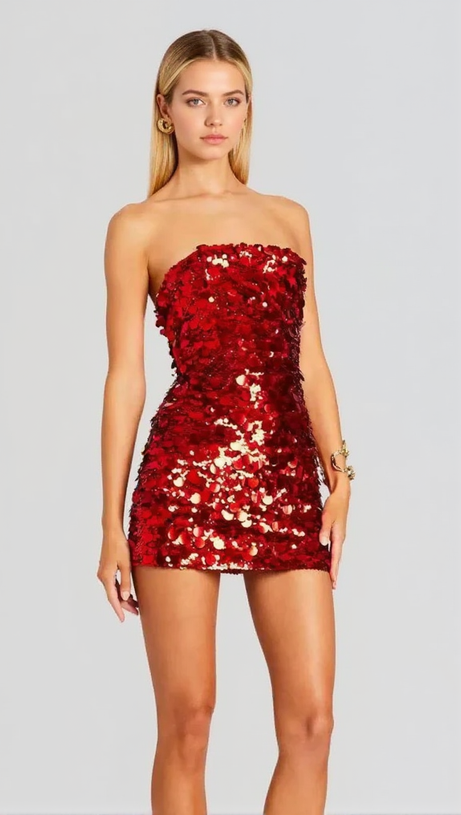 TRÄGERLOSES MINIKLEID MIT PAILLETTEN IN ROSA 