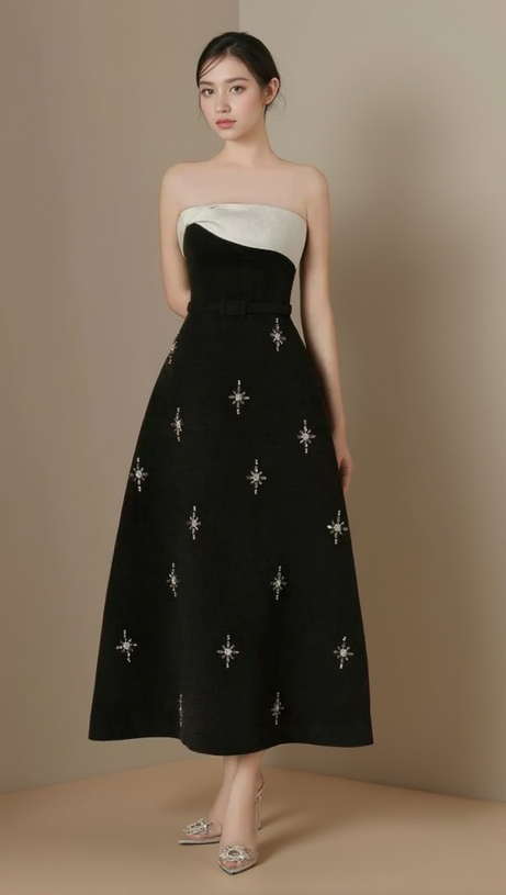 ELENOR A-LINE STONE TWEED MIDI DRESS