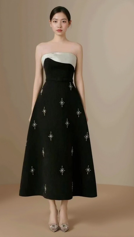 ELENOR A-LINE STONE TWEED MIDI DRESS