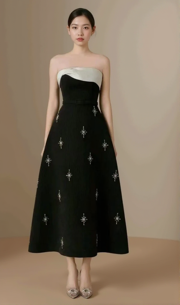 ELENOR A-LINE STONE TWEED MIDI DRESS