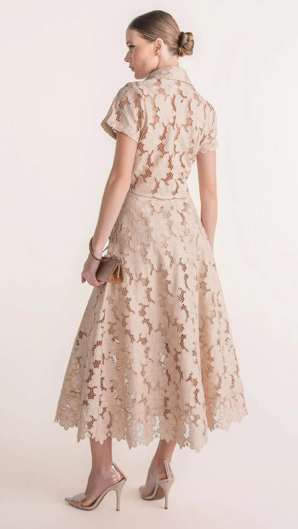 AIIZIE GUIPURE MESH MIDI SKIRT CROPPED SET IN APRICOT - product image