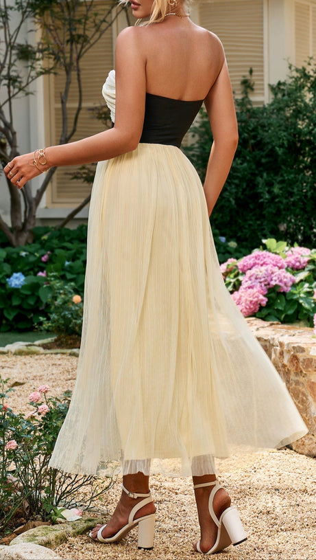 CONTRAST RUCHED BUST MESH MIDI TUBE DRESS