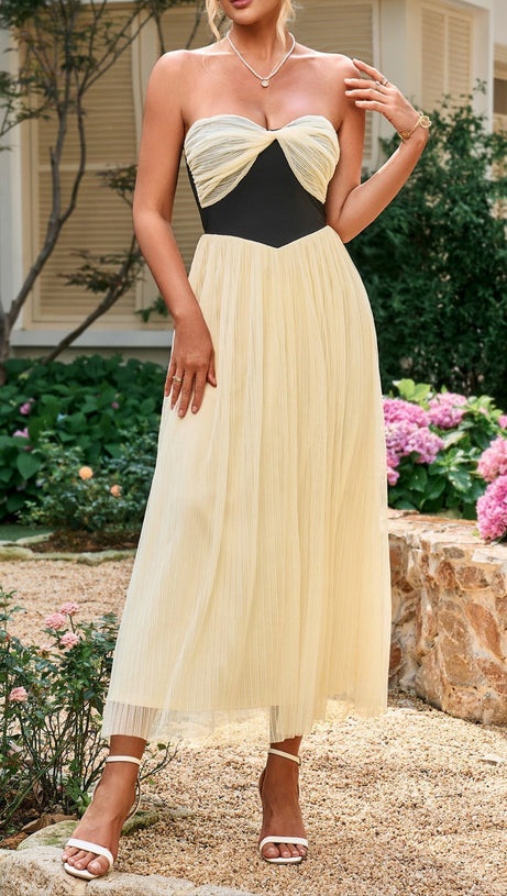 CONTRAST RUCHED BUST MESH MIDI TUBE DRESS