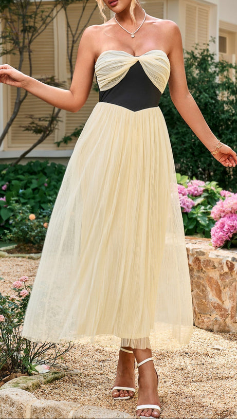 CONTRAST RUCHED BUST MESH MIDI TUBE DRESS