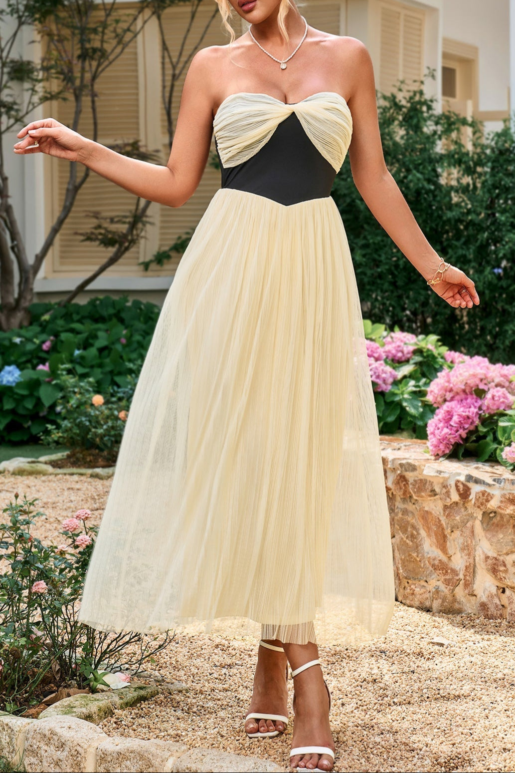 CONTRAST RUCHED BUST MESH MIDI TUBE DRESS