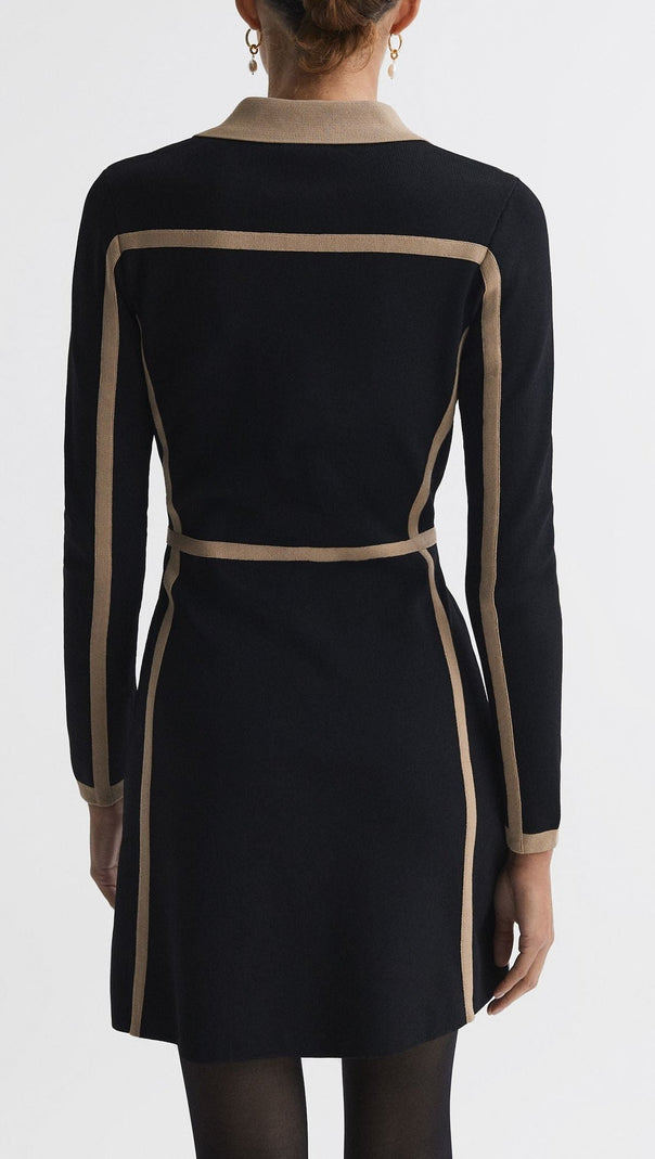 AIIZIE CONTRAST TRIM PRESS-STUD MINI DRESS IN BLACK/CAMEL - product image