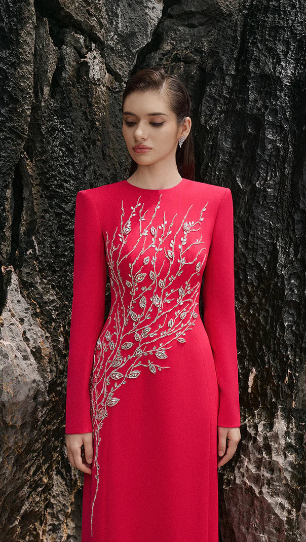 AIIZIE Red Padded Shoulder Crystal Embellished Maxi Dress - product image