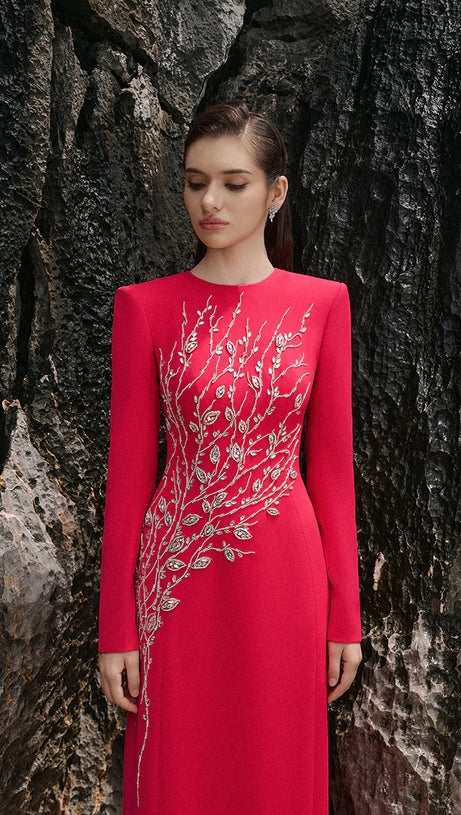 Red Padded Shoulder Crystal Embellished Maxi Dress