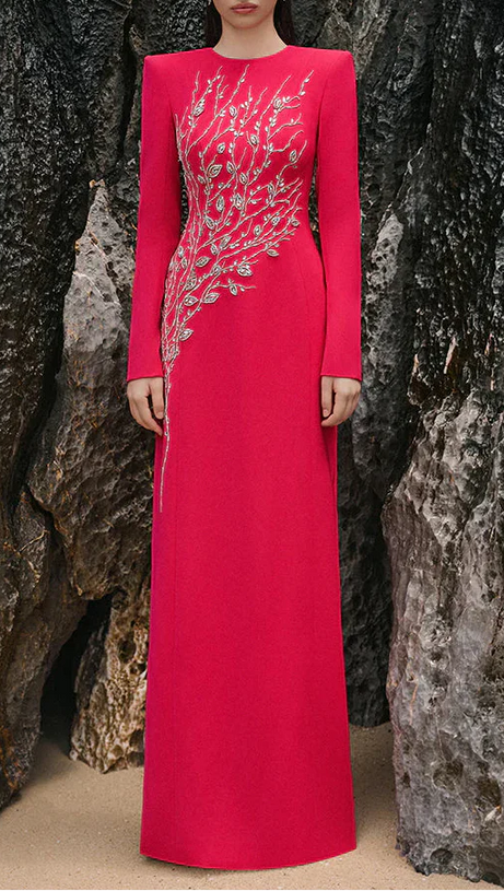Red Padded Shoulder Crystal Embellished Maxi Dress