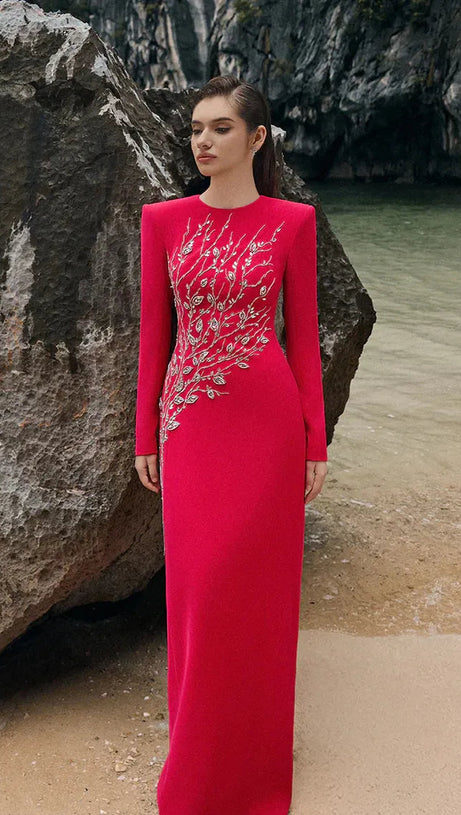 Red Padded Shoulder Crystal Embellished Maxi Dress