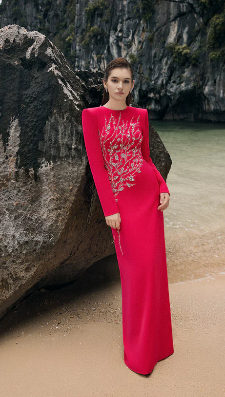 Red Padded Shoulder Crystal Embellished Maxi Dress