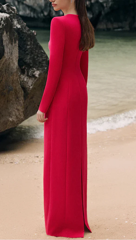 Red Padded Shoulder Crystal Embellished Maxi Dress