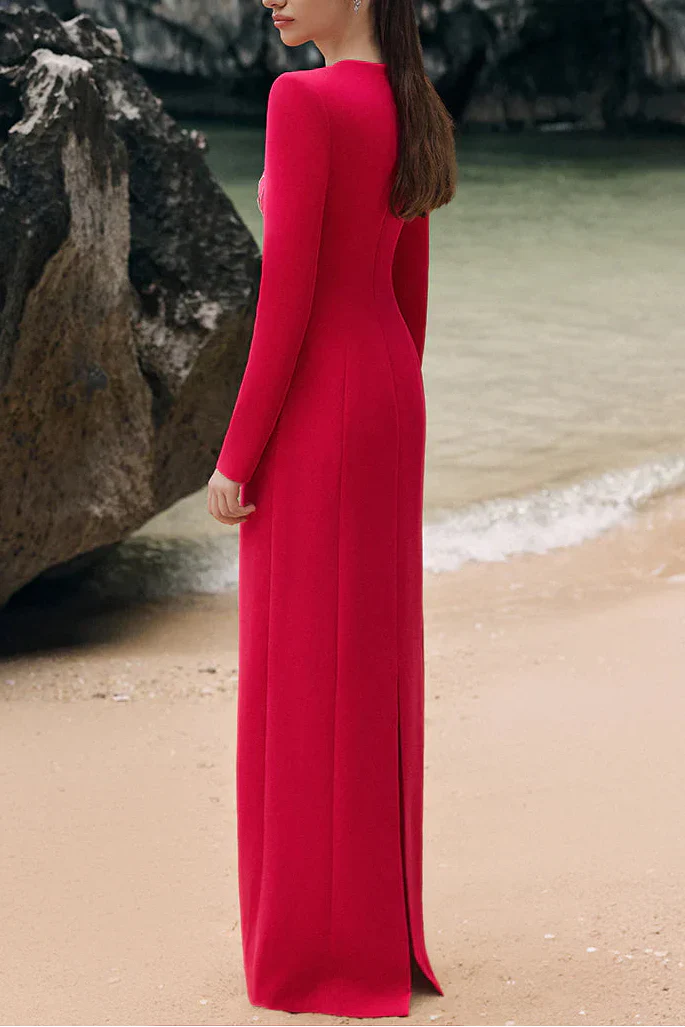 Red Padded Shoulder Crystal Embellished Maxi Dress