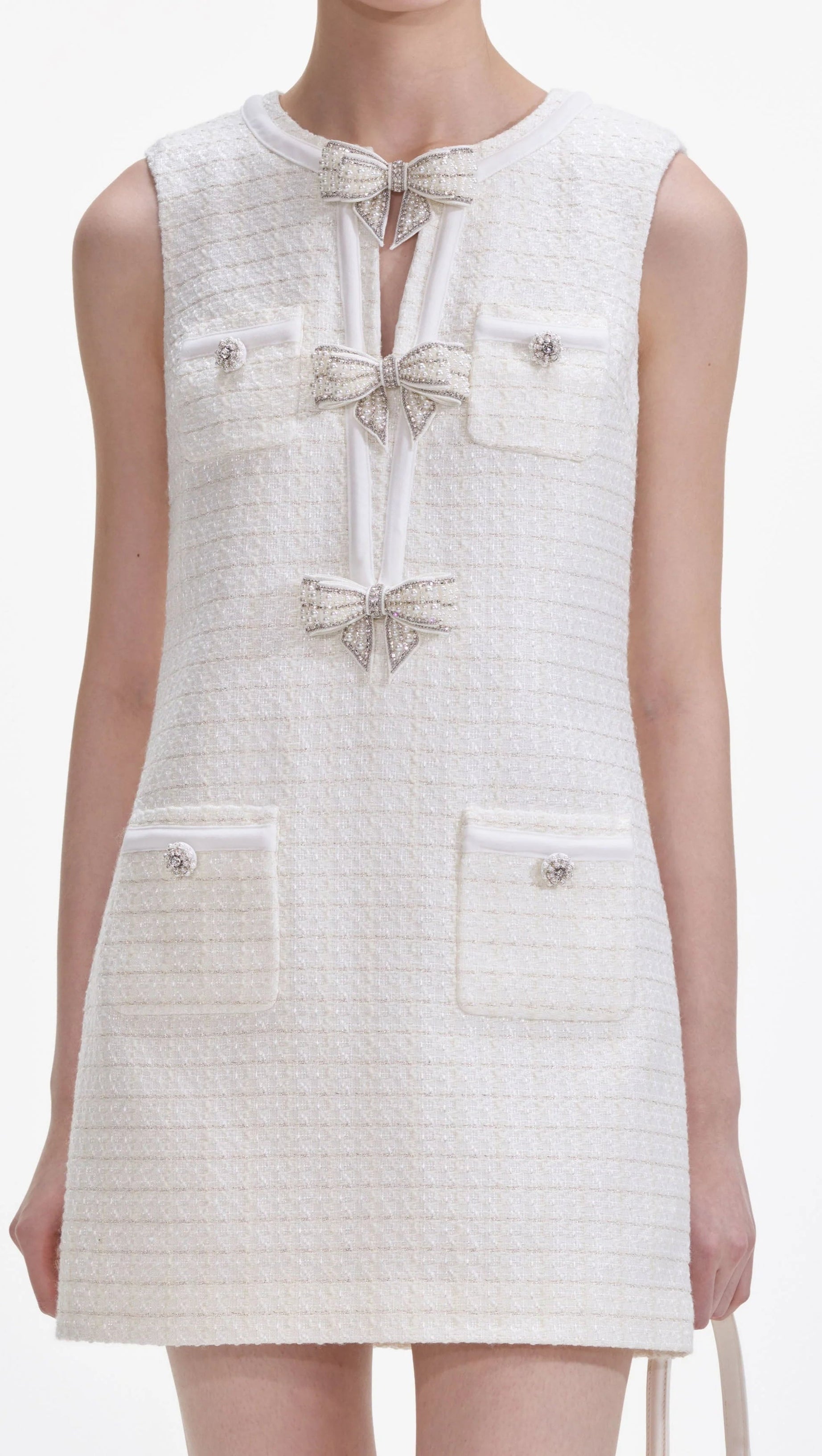 CREAM BOUCLE BOW MINI DRESS