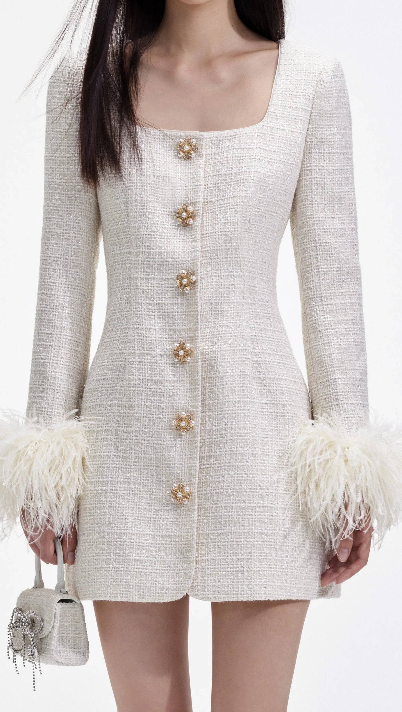 CREAM BOUCLE FEATHER MINI DRESS