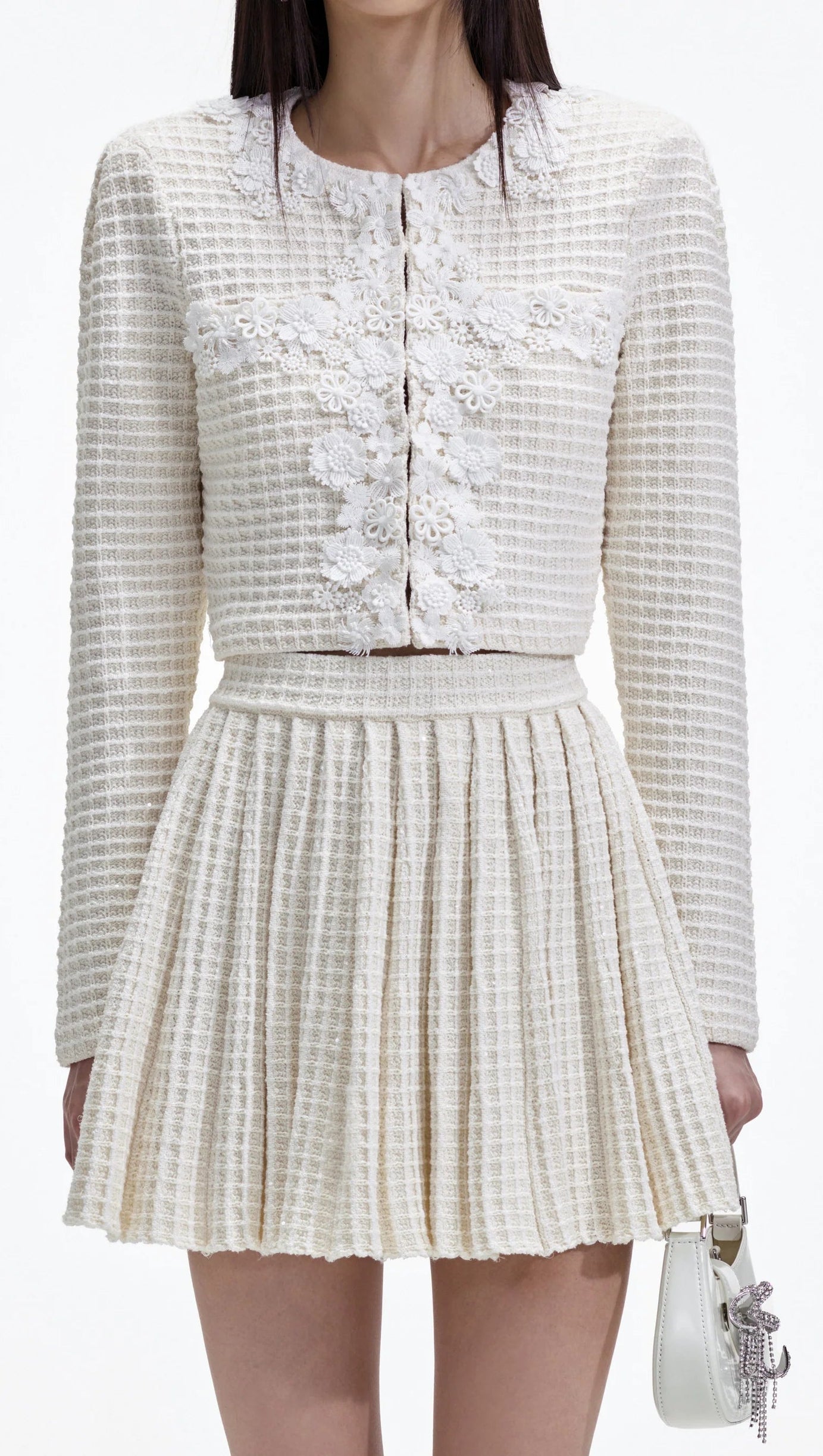 CREAM KNIT FLORAL TRIM CARDIGAN