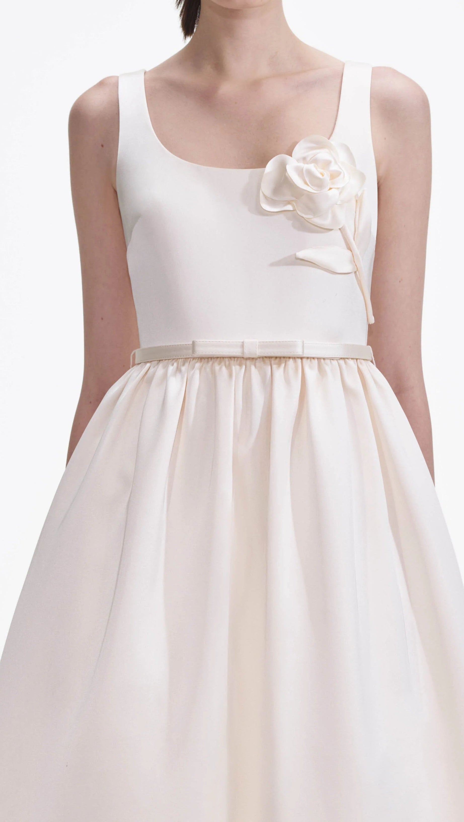 CREAM SATIN FLOWER MIDI DRESS