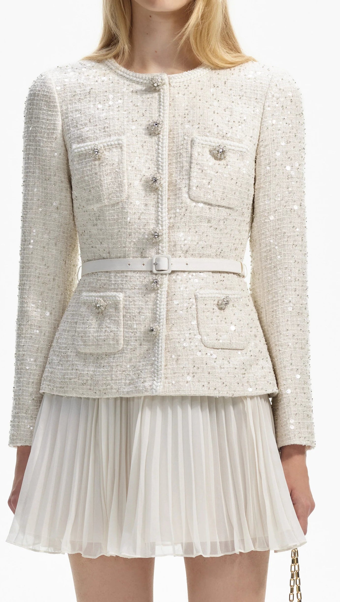 CREAM SEQUIN BOUCLE TAILORED MINI DRESS