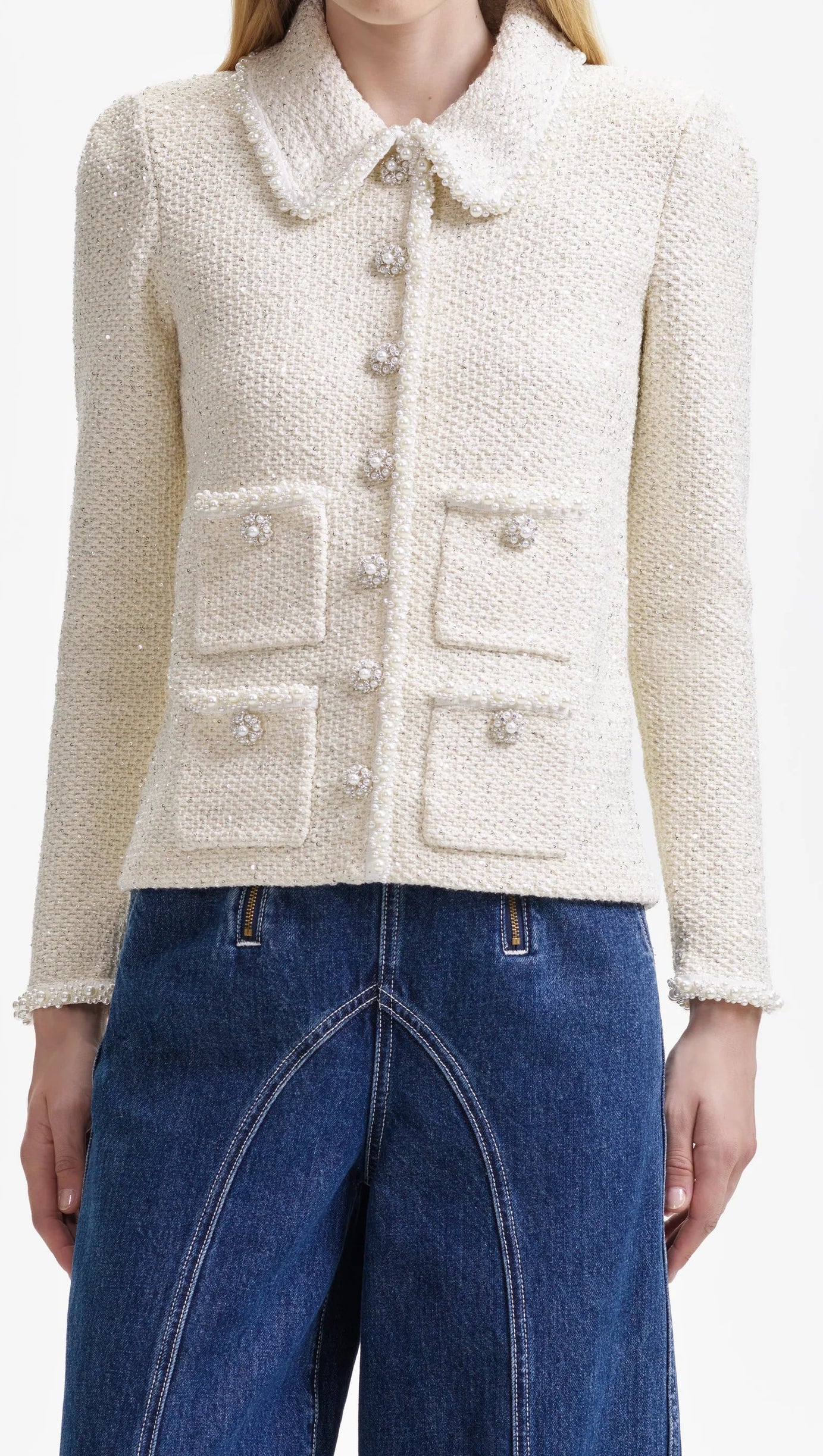 CREAM SEQUIN KNIT PEARL CARDIGAN