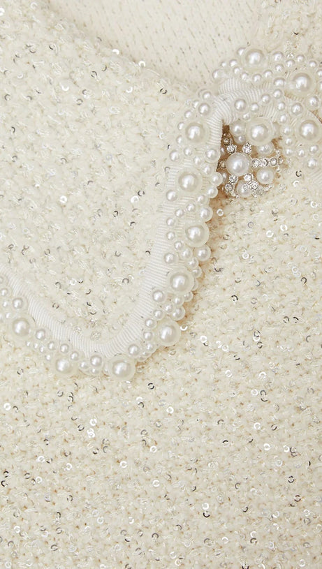 CREAM SEQUIN KNIT PEARL CARDIGAN