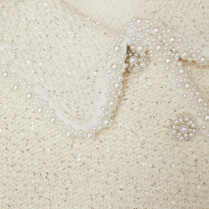 CREAM SEQUIN KNIT PEARL CARDIGAN