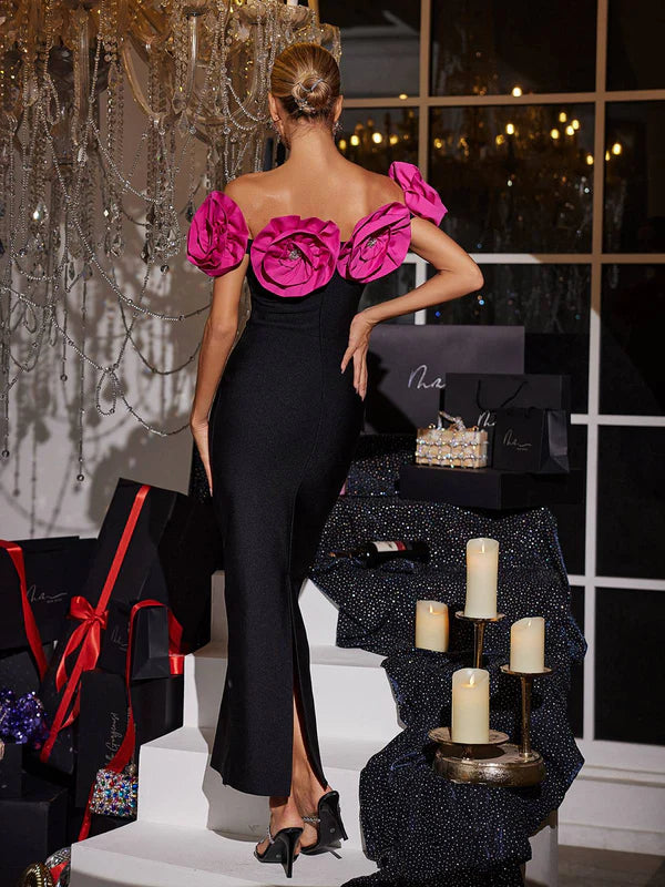 OFF SHOULDER ROSE FLOWER BANDAGE DRESS IN BLACK