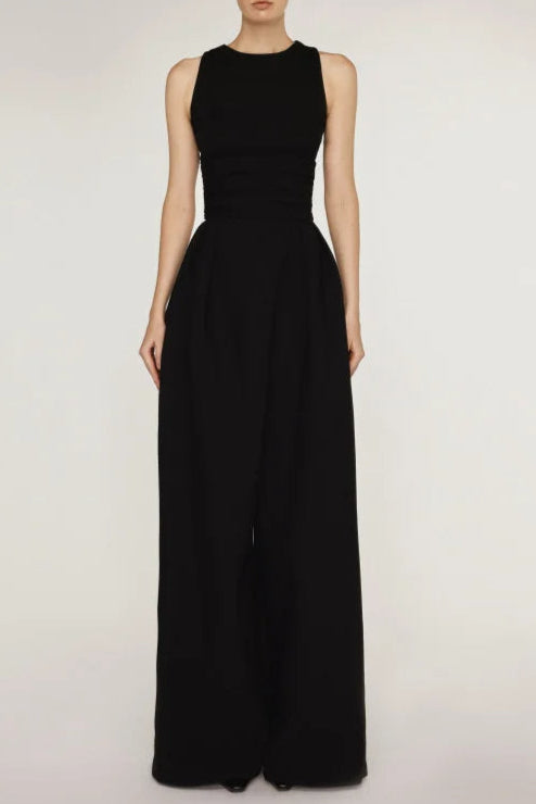 Ärmelloses Stretch-Tanktop-Set mit Bundfaltenhose in Schwarz