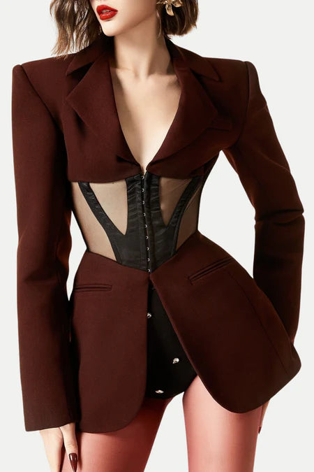 KAMRYN PANELED MESH BLAZER IN WINE