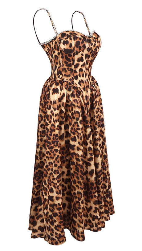 ANIMAL PRINT CRYSTAL BUSTIER A LINE MIDI DRESS