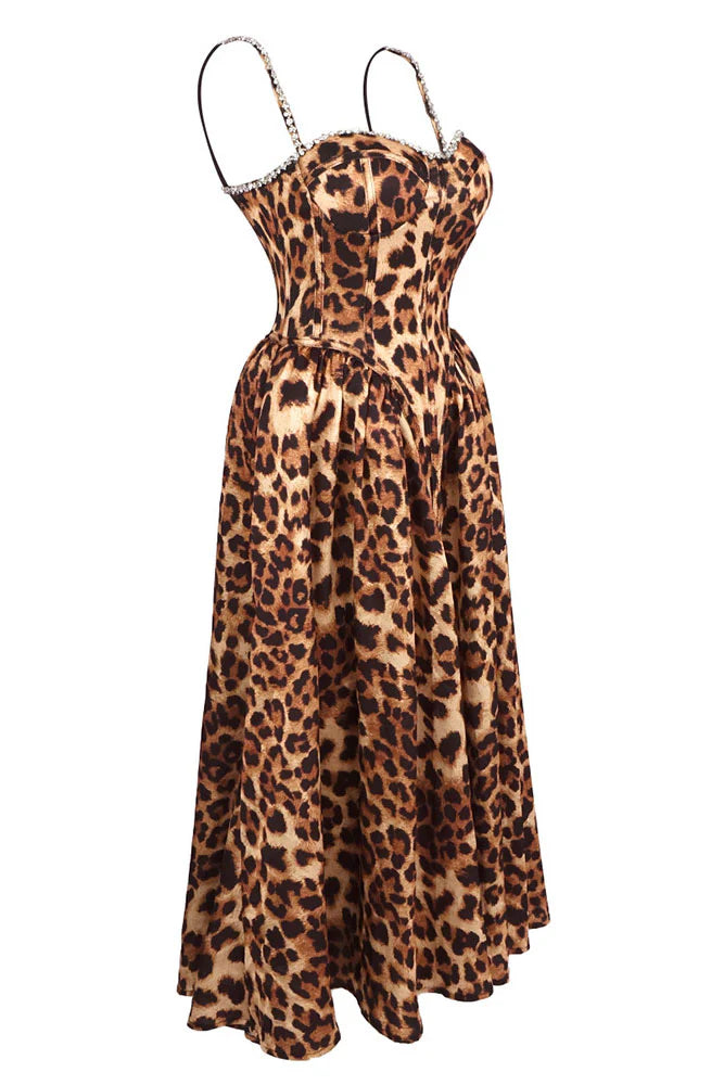 AIIZIE ANIMAL PRINT CRYSTAL BUSTIER A LINE MIDI DRESS - product image