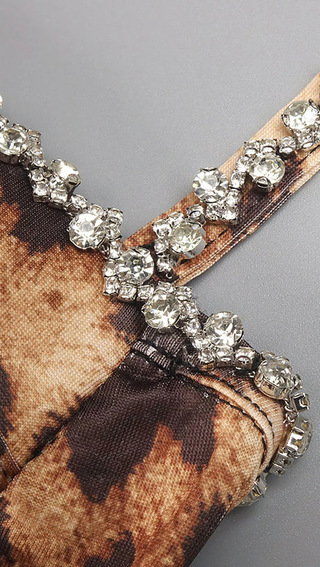 ANIMAL PRINT CRYSTAL BUSTIER A LINE MIDI DRESS