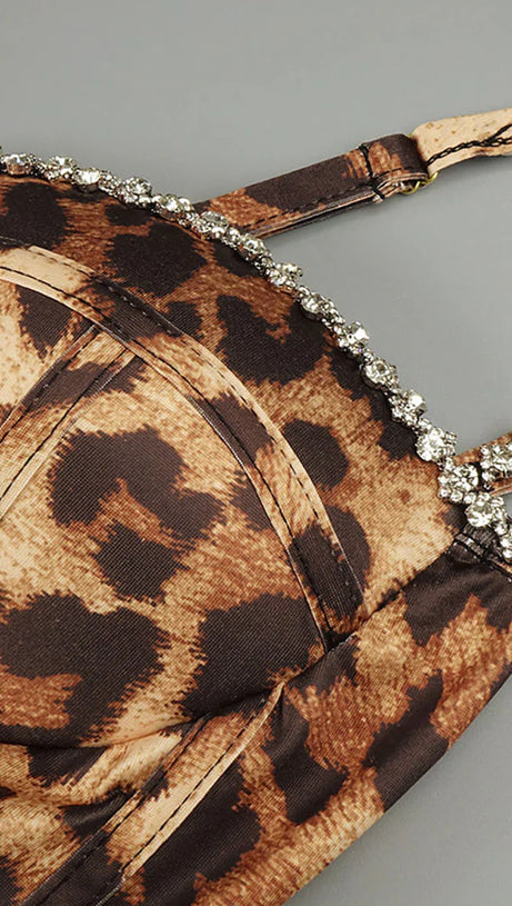 ANIMAL PRINT CRYSTAL BUSTIER A LINE MIDI DRESS