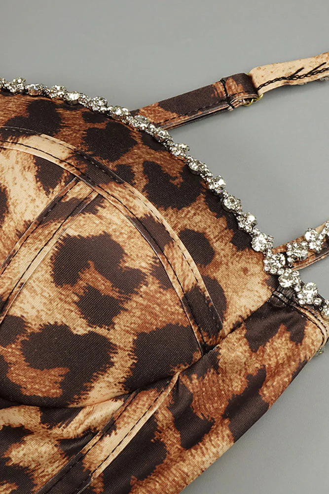 AIIZIE ANIMAL PRINT CRYSTAL BUSTIER A LINE MIDI DRESS - product image