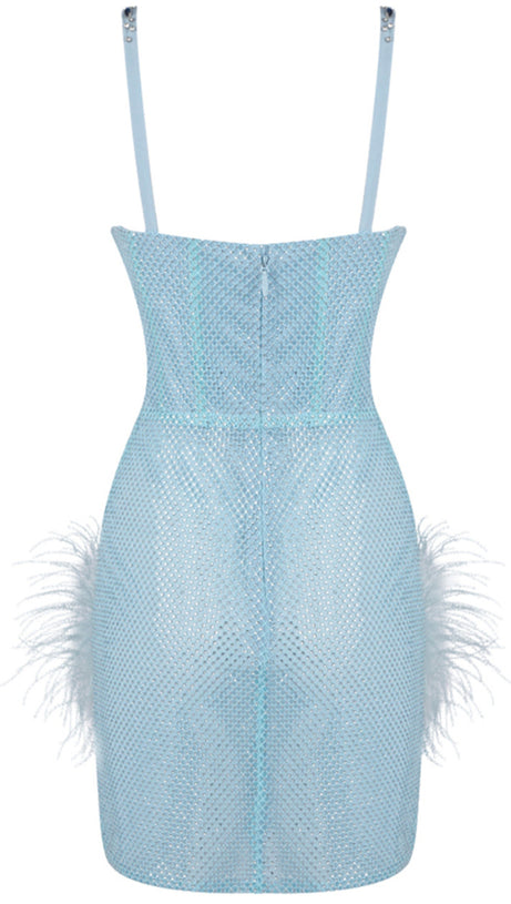 CRYSTAL BUSTIER FEATHER DETAIL  MINI DRESS BLUE