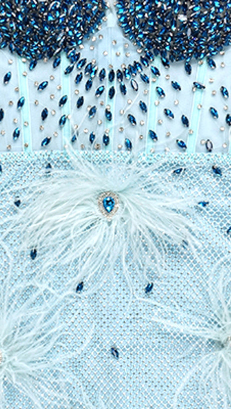 CRYSTAL BUSTIER FEATHER DETAIL  MINI DRESS BLUE