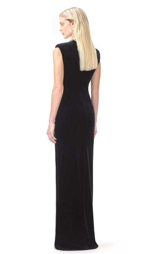 VELVET CRYSTAL EMBELLISHED MAXI DRESS IN BLACK