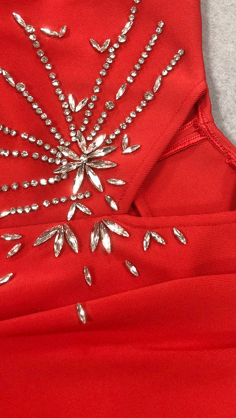 ABITO LUNGO DRAPPEGGIATO CON CRISTALLI ROSSO