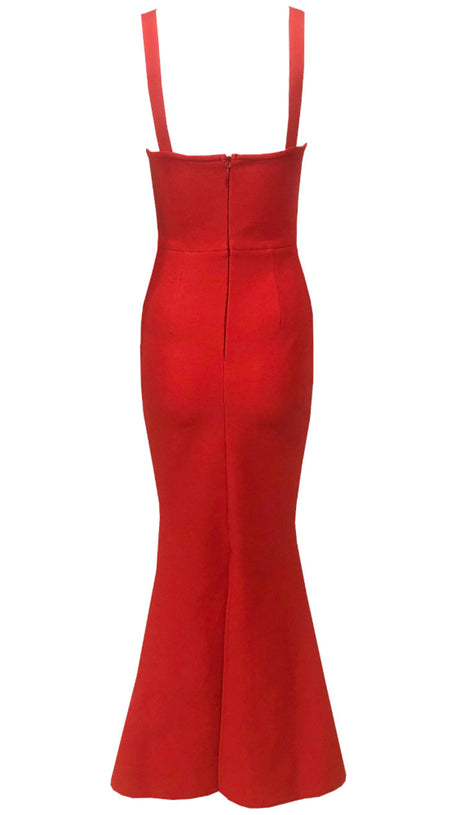 ABITO LUNGO DRAPPEGGIATO CON CRISTALLI ROSSO