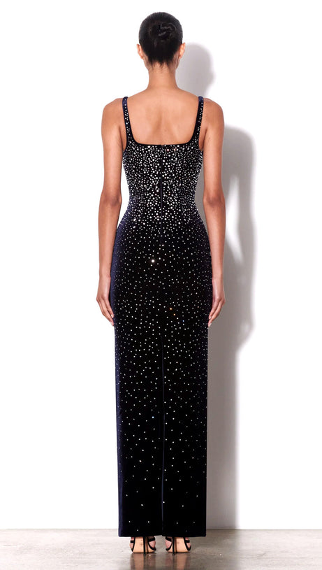 CRYSTAL VELVET SINGLET MAXI DRESS IN MIDNIGHT BLACK