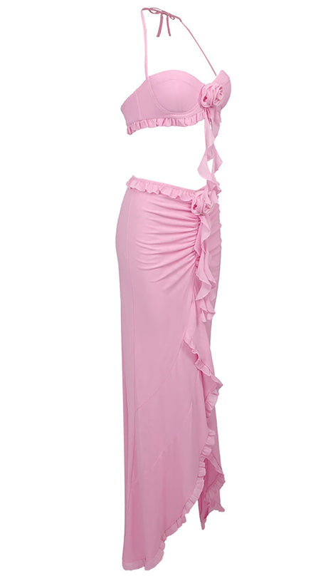 IVY FLOWER TOP RUFFLE TRIM SKIRT SUIT IN PINK