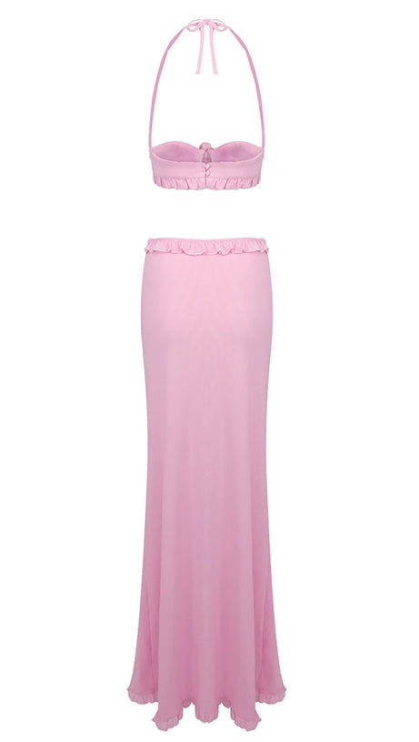 IVY FLOWER TOP RUFFLE TRIM SKIRT SUIT IN PINK