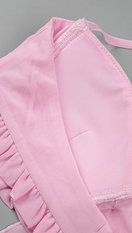 IVY FLOWER TOP RUFFLE TRIM SKIRT SUIT IN PINK