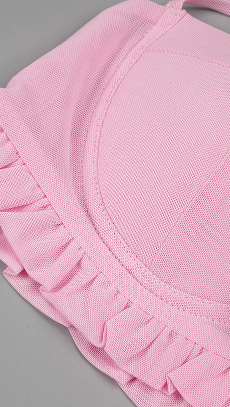 IVY FLOWER TOP RUFFLE TRIM SKIRT SUIT IN PINK