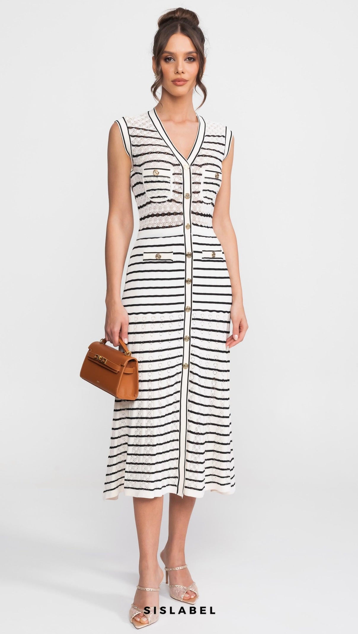 Striped Sleeveless Knit Midi Dress With V-Neck And Gold Buttons - White/Black