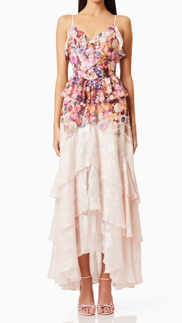 AIIZIE PERLA IRREGULAR FLORAL PRINT MAXI DRESS IN PINK RED - product image