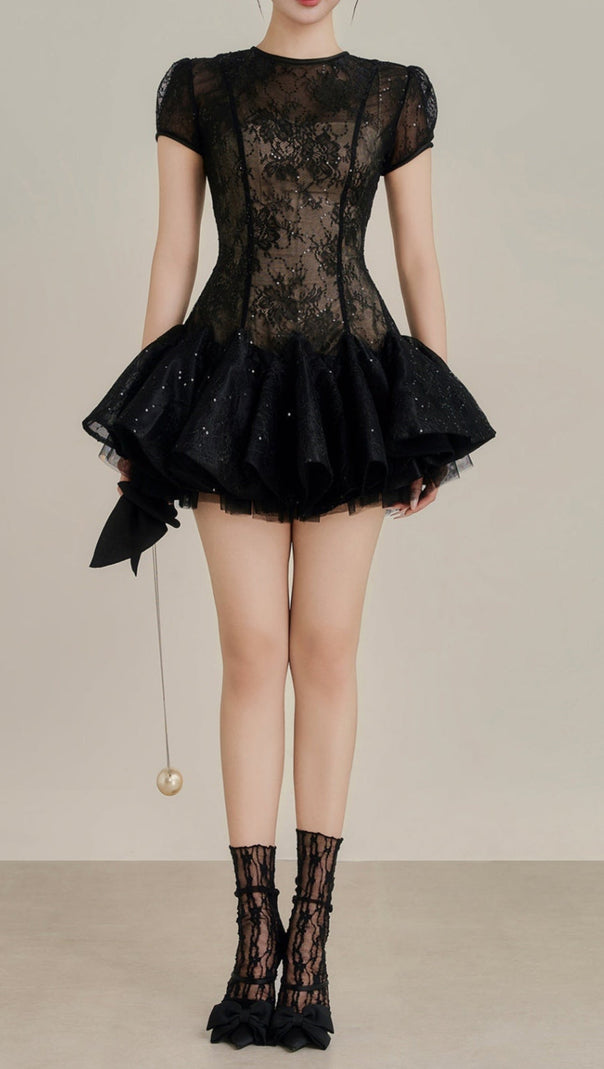 AIIZIE KELLY SEQUIN LACE PUFFY MINI DRESS IN BLACK - product image